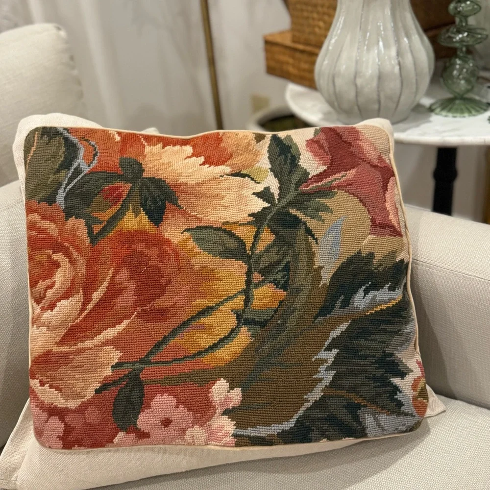 Hand Crafted Vintage Floral In Scroll Needlepoint Pillow Cover 18” x16”